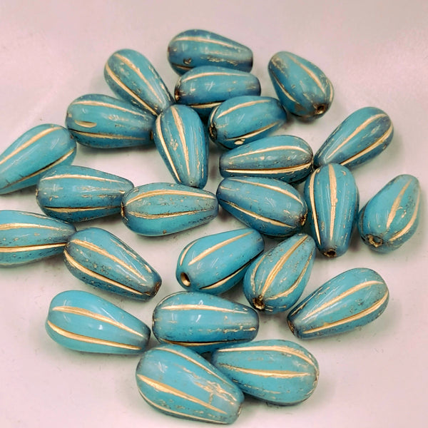 Czech Glass 8x15mm Melon Drop Sky Blue with Gold Wash