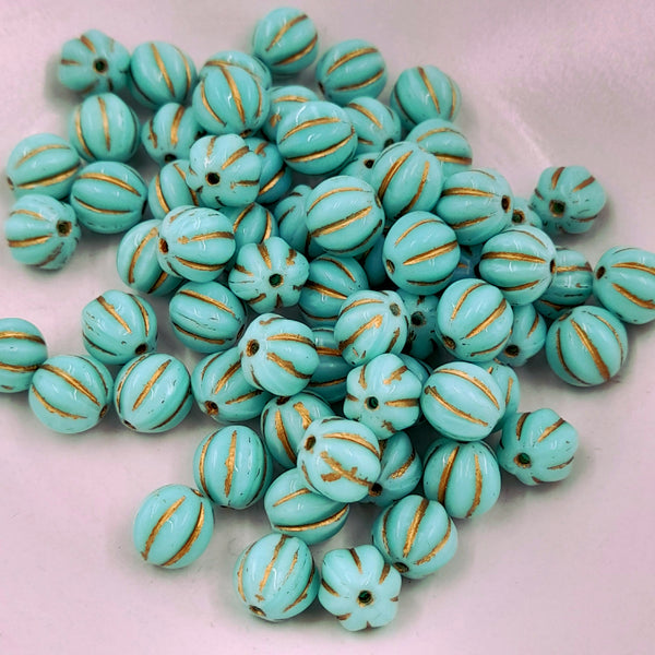 Czech Glass 8mm Melon Teal Blue With Gold Wash