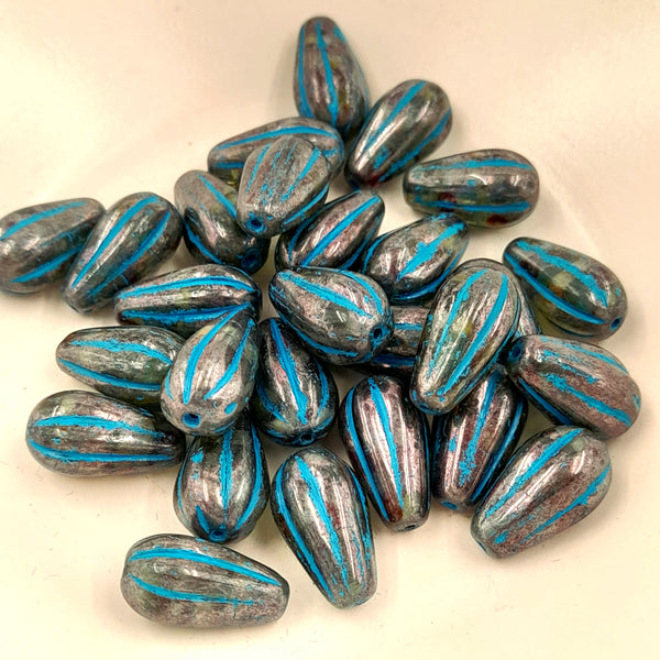 Czech Glass 8z15mm Melon Drop Teal With Picasso Finish & Turquoise Wash