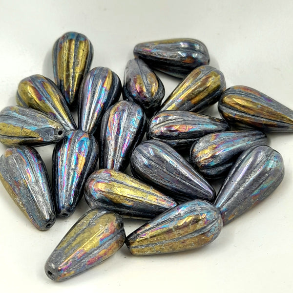 Czech Glass 11x22mm Melon Drop Indigo With Bronze & Metallic Purple Finish