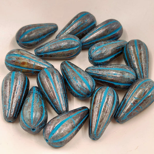 Czech Glass 11x22mm Melon Drop Teal With Picasso Finish & Turquoise Wash