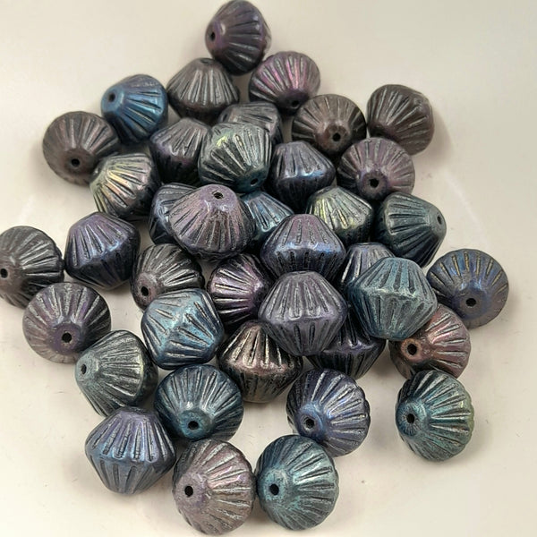 Czech Glass 11mm Tribal Bicone Black With Blue Metallic Finish