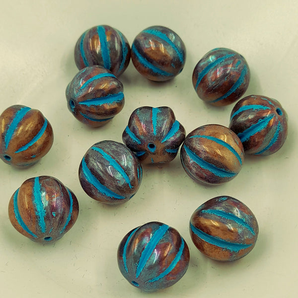 Czech Glass 14mm Melon Metallic Bronze With Turquoise Wash