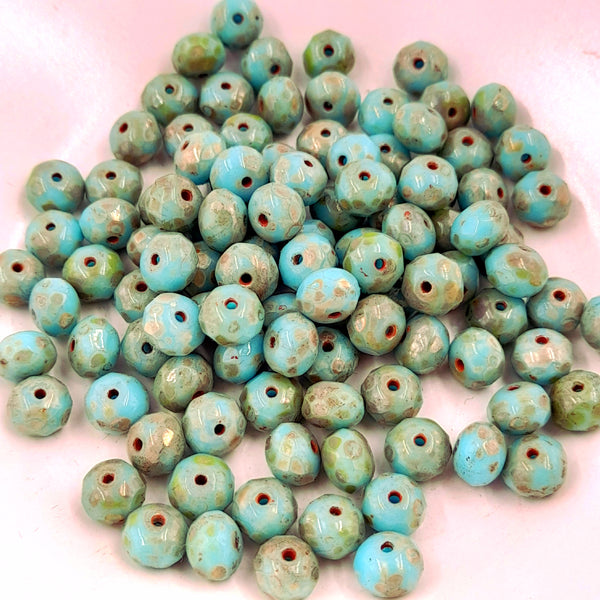 Czech Glass 5x7mm Rondelle Sky Blue With Heavy Picasso Finish
