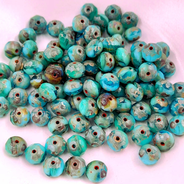Czech Glass 5x7mm Rondelle Sea Green With Picasso Finish