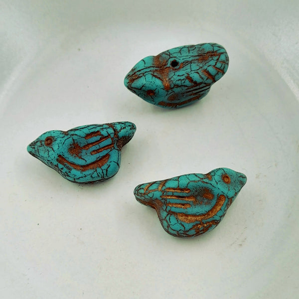 Czech Glass 11x22mm Bird Matte Tiffany Green With Bronze Wash