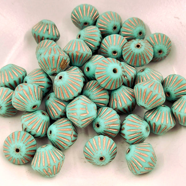 Czech Glass 11mm Tribal Bicone Tiffany Green With Copper Wash