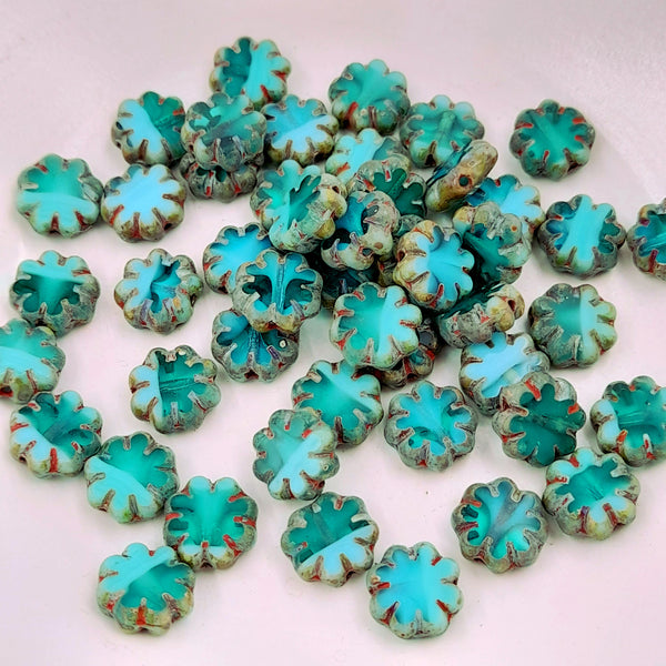 Czech Glass 9mm Cactus Flower Sea Green & Sky Blue With Picasso Finish