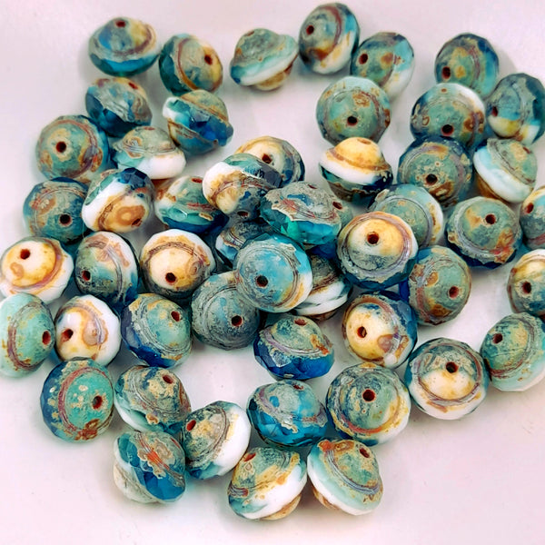 Czech Glass 8x10mm Saturn Pacific Blue & White With Picasso Finish