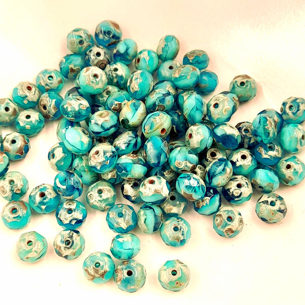 Czech Glass 5x7mm Rondelle Tiffany & Blue Turquoise With Picasso Finish