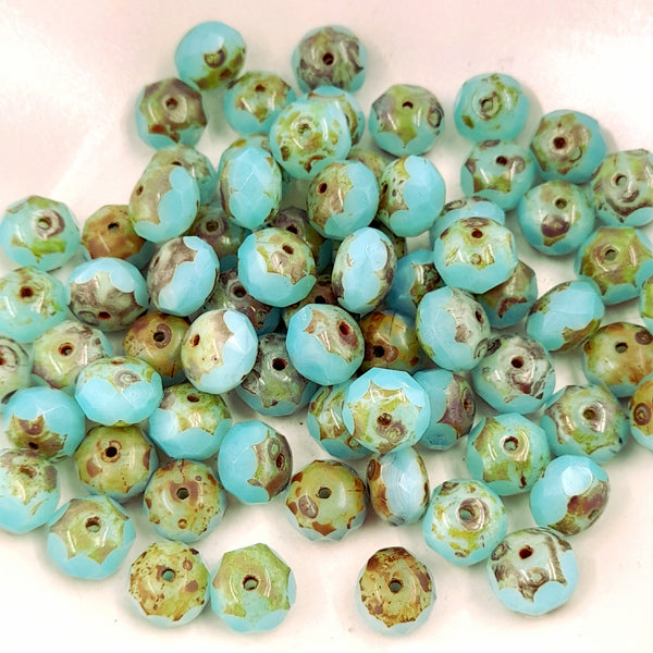 Czech Glass 6x8mm Rondelle Sky Blue With Picasso Finish