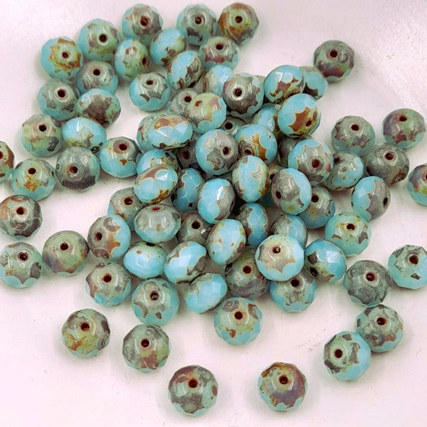 Czech Glass 5x7mm Rondelle Sky Blue With Picasso Finish