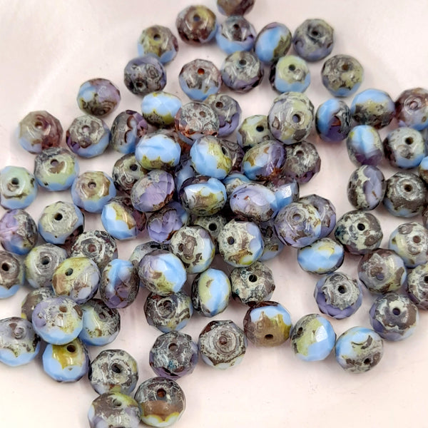 Czech Glass 5x7mm Rondelle Cornflower Blue & Grape With Picasso Finish