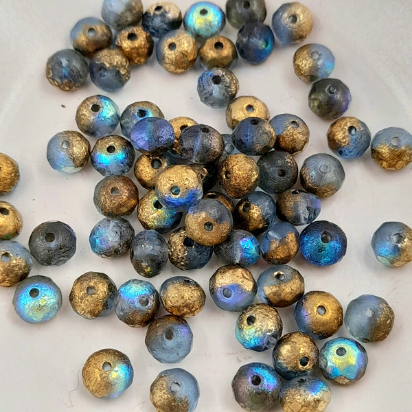 Czech Glass 5x7mm Rondelle Matte Transparent Blue With Gold Lustre