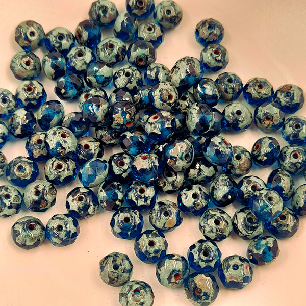 Czech Glass 5x7mm Rondelle Transparent Capri Blue With Picasso Finish