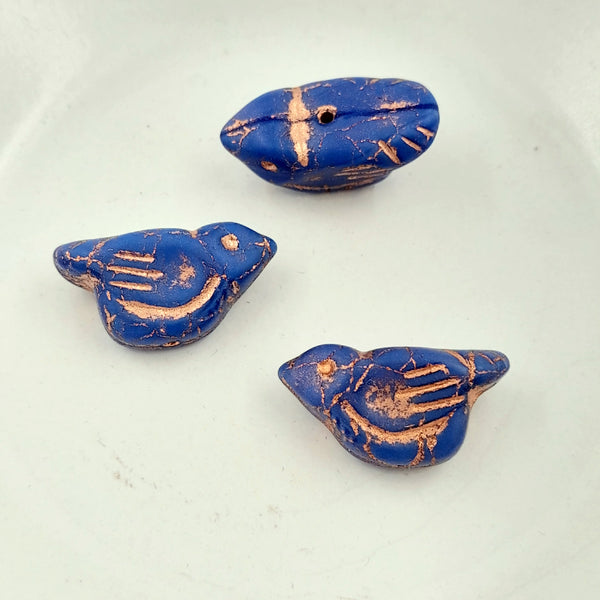 Czech Glass 11x22mm Bird Matte Indigo With Copper Wash