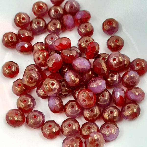 Czech Glass 6x8mm Rondelle Transparent Ruby & Rose With Copper Finish