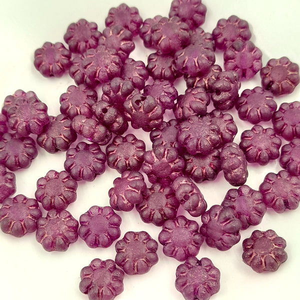 Czech Glass 9mm Cactus Flower Transparent Purple With Purple Wash