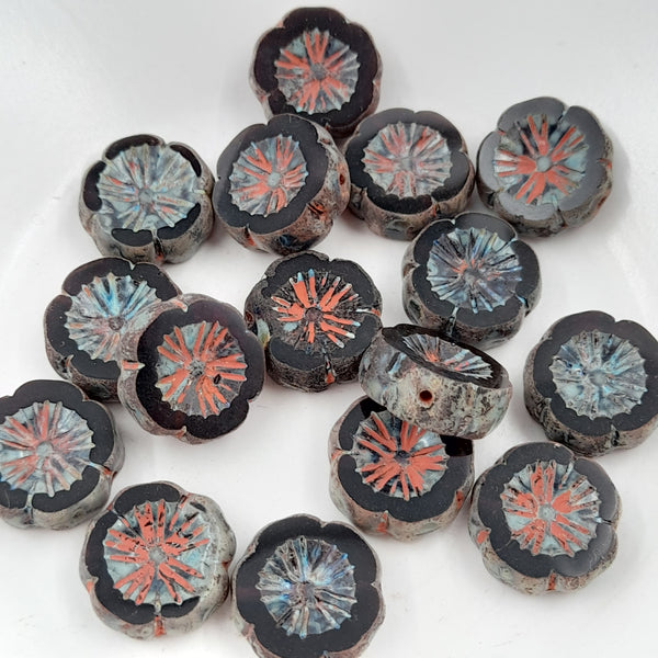 Czech Glass 14mm Hibiscus Flower Dark Purple with Picasso Finish & Coral Wash