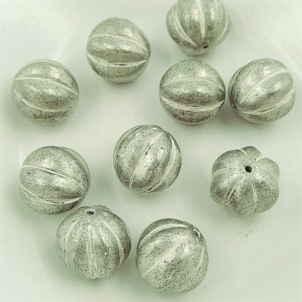 Czech Glass 14mm Melon Antique SIlver