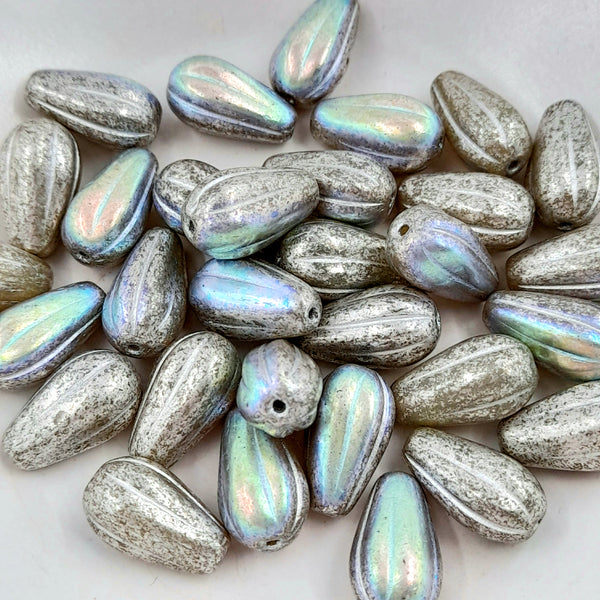 Czech Glass 15x8mm Melon Drop Ivory With Silver, Mercury & AB Finishes