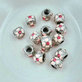 Large Hole Bead With Enamel & Rhinestones - Silver & Pink