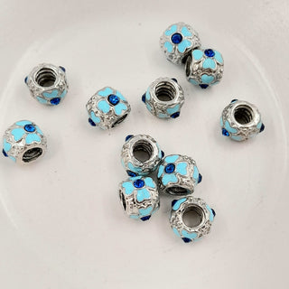 Large Hole Metal Bead With Enamel - Silver & Blue