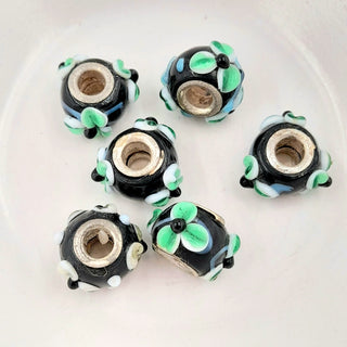 Large Hole Glass Lampwork Bead With Metal Core - Black with Green Petals