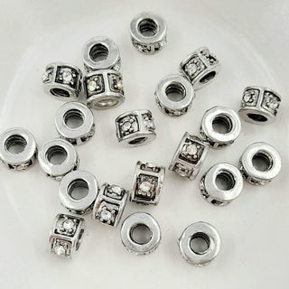 Large Hole Metal Bead With Rhinestones - Silver & Clear Crystal
