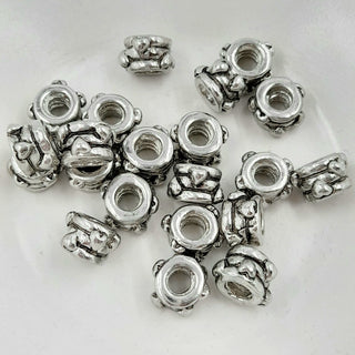 Large Hole Metal Bead - Silver With Hearts