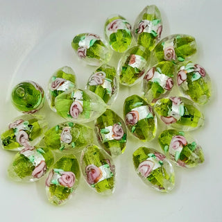 Lampwork Silver Foil Oval Bead Green/Yellow With Pink Flower 16x10mm