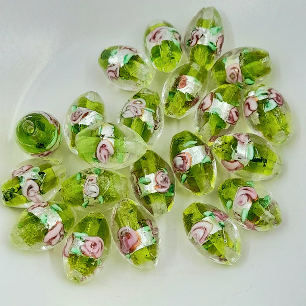 Lampwork Silver Foil Oval Bead Green/Yellow With Pink Flower 16x10mm