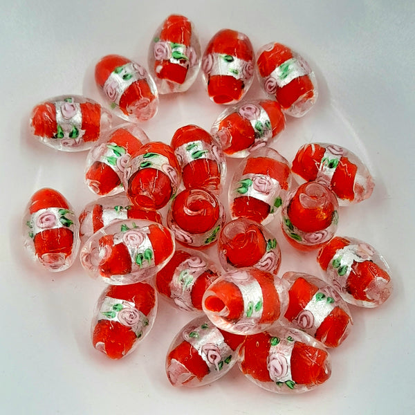 Lampwork Silver Foil Oval Bead With Flower Red 16x10mm