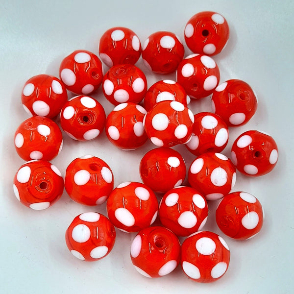 Lampwork Glass Round Bead Polka Dot Red & White 12mm
