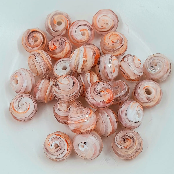 Lampwork Glass Faceted Rondelle 11x8mm Cream/Orange/Brown