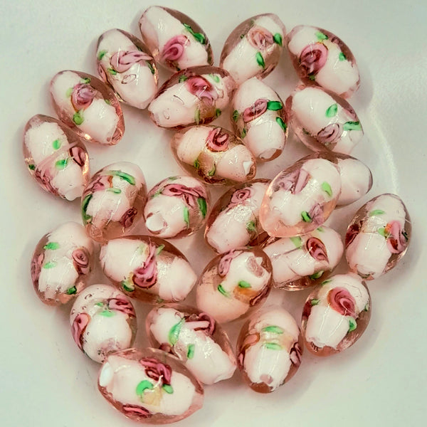 Lampwork Silver Foil Oval Bead With Pink Flower 16x10mm