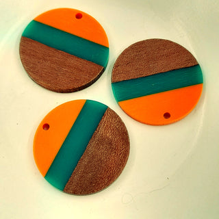 Wood & Resin Flat Round Disc Orange & Teal