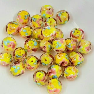 Lampwork Glass Round 11mm Yellow With Inner Flower