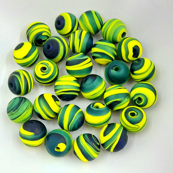 Lampwork Glass Round Bead Matte Stripe 11mm Yellow & Green