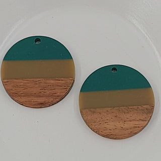 Wood & Resin Flat Round Disc Dark teal & Caramel Stripe