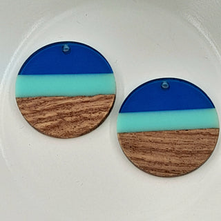 Wood & Resin Flat Round Disc Blue & Aqua Stripe