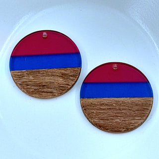 Wood & Resin Flat Round Disc Magenta & Royal Blue Stripe
