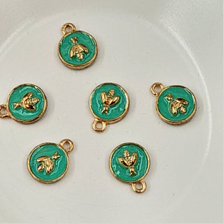 Charm - Green Enameled Disc With Bee