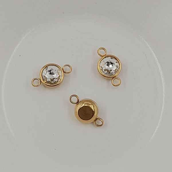 2-Hole Connector - Gold Set With Large Faceted Glass Clear