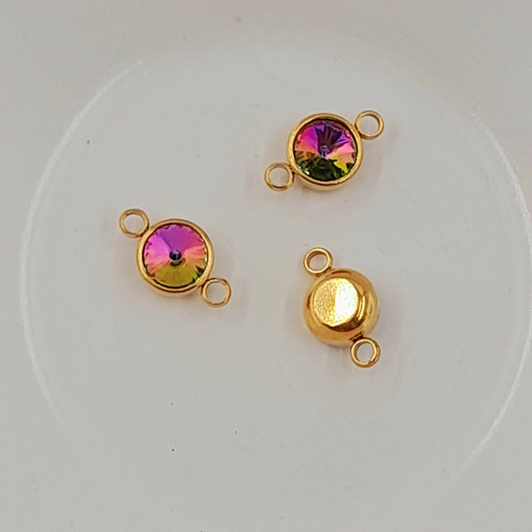 2-Hole Connector - Gold Set With Large Faceted Glass Multi Colour