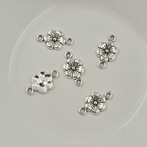 2-Hole Connector - Silver Plum Blossom