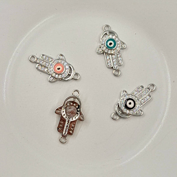 2-Hole Connector - Silver Hamsa Hand With Enamel Evil Eye & Cubic Zirconias