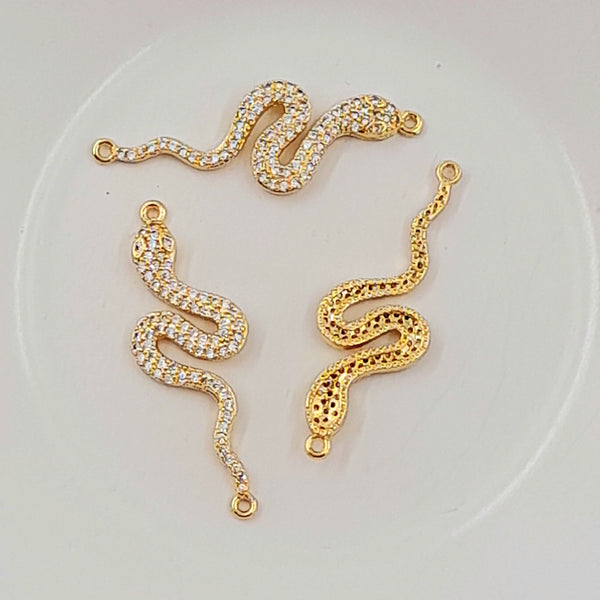 2-Hole Connector - Gold Snake With Cubic Zirconias