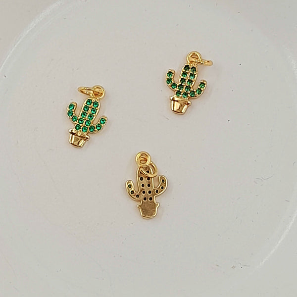 Charm - Gold Cactus With Green Cubic Zirconias