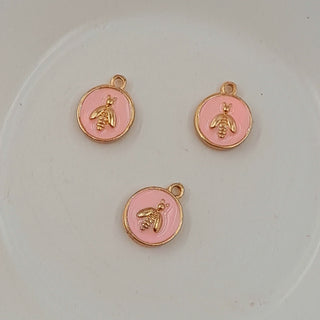 Charm - Pink Enameled Disc With Bee